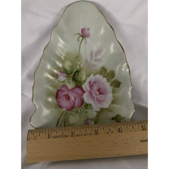 Lefton Heritage Green Pink Cabbage Roses Leaf Dish #1860 Gold Trim Japan Vtg - Picture 8 of 11